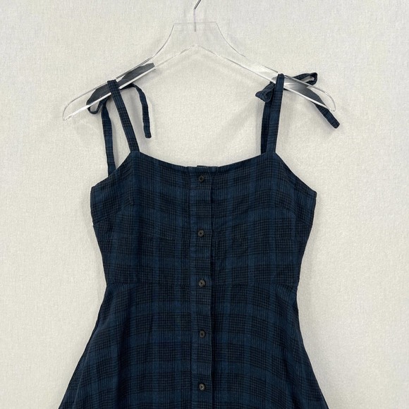 CREATURES OF COMFORT Dress Womens 0 Blue Plaid Linen Button Front Tie Shoulder - Picture 10 of 16